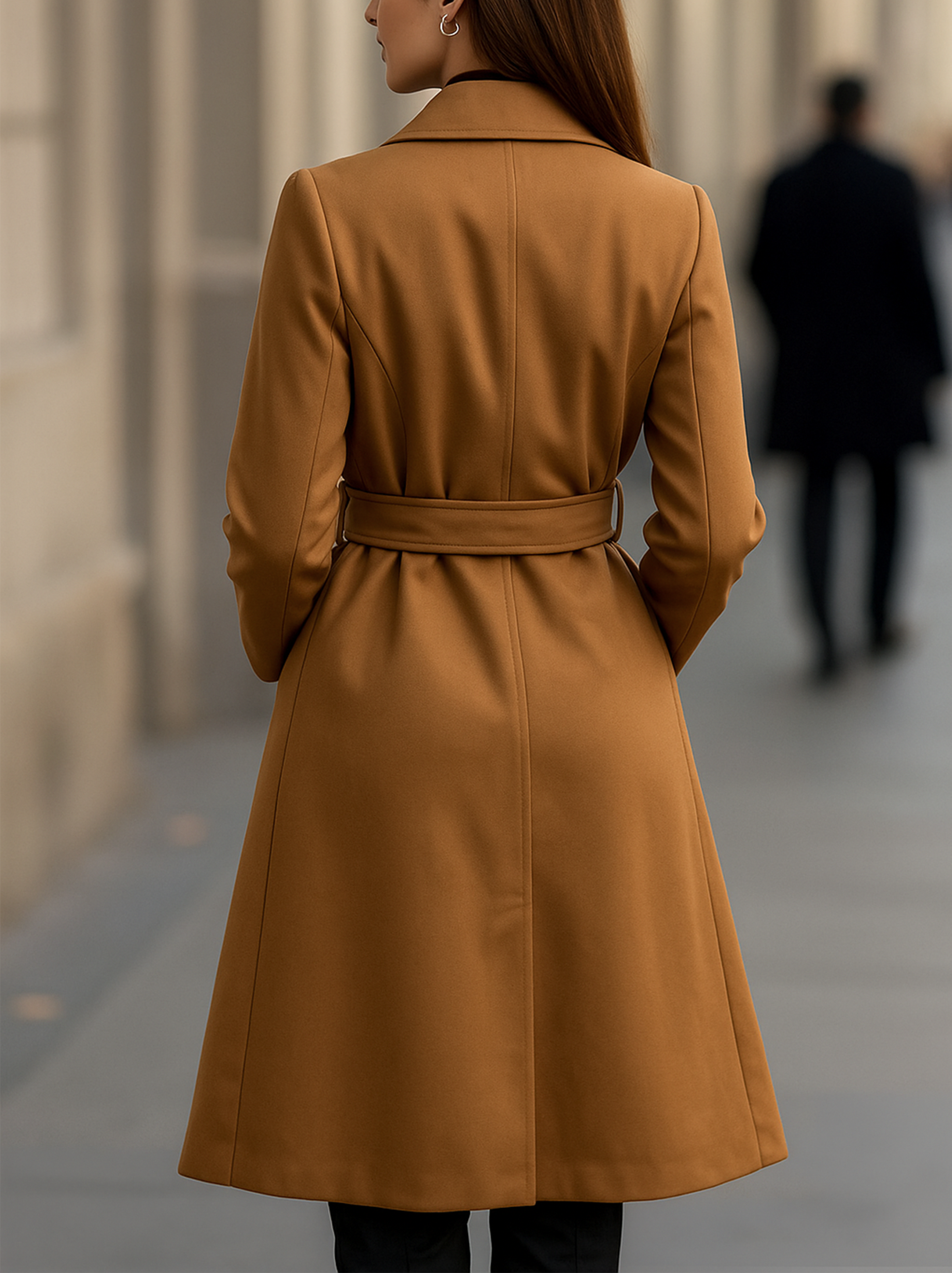 Classic Camel Wool Trench Coat with Belted Silhouette | Elegant Women's Dress