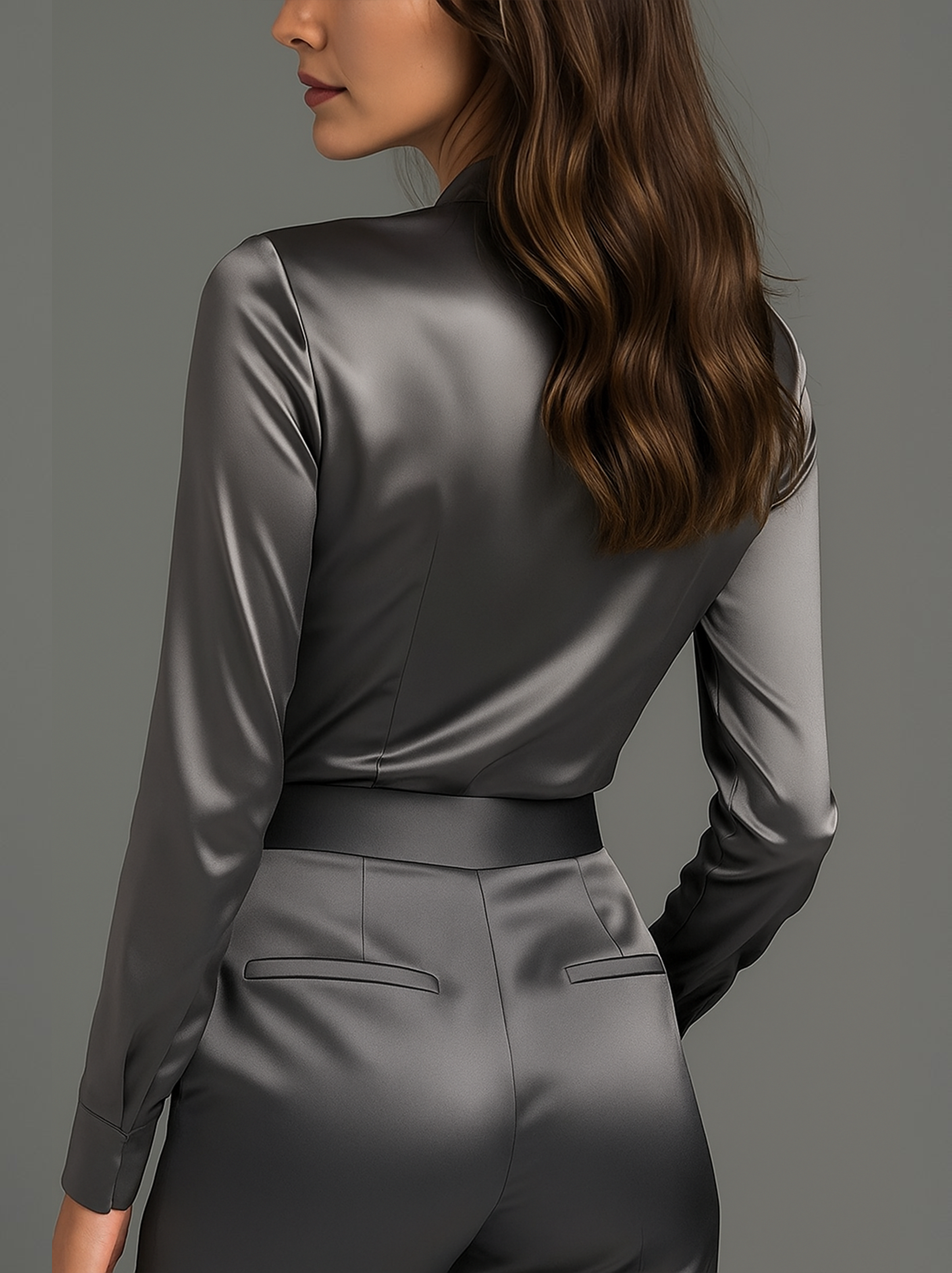 Charcoal Grey Satin Blouse with Subtle Tailored Fit | Elegant Women's Dress