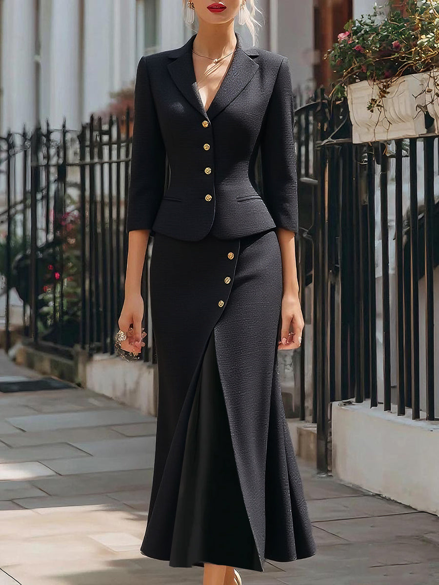 Elegant Textured Buttoned Blazer & Midi Skirt Set | Elegant Women's Dress