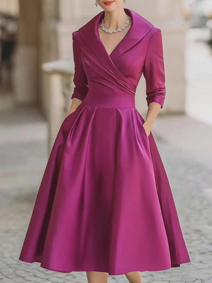Vintage-Inspired Satin Midi Dress With Draped Collar | Elegant Women's Dress
