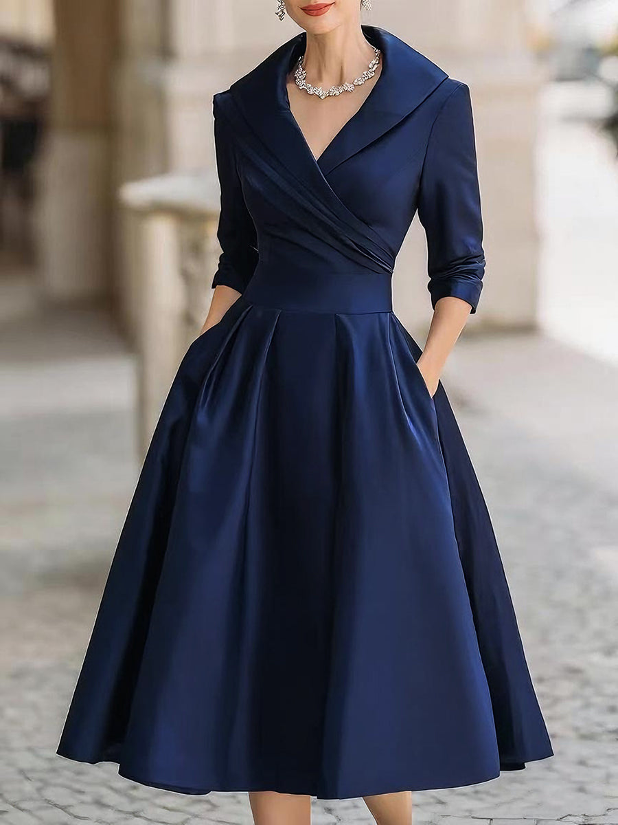 Vintage-Inspired Satin Midi Dress With Draped Collar | Elegant Women's Dress
