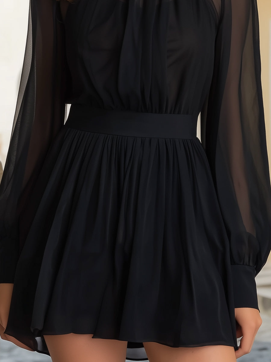 Sheer Chiffon High-Neck Long Sleeve Mini Dress | Elegant Women's Dress