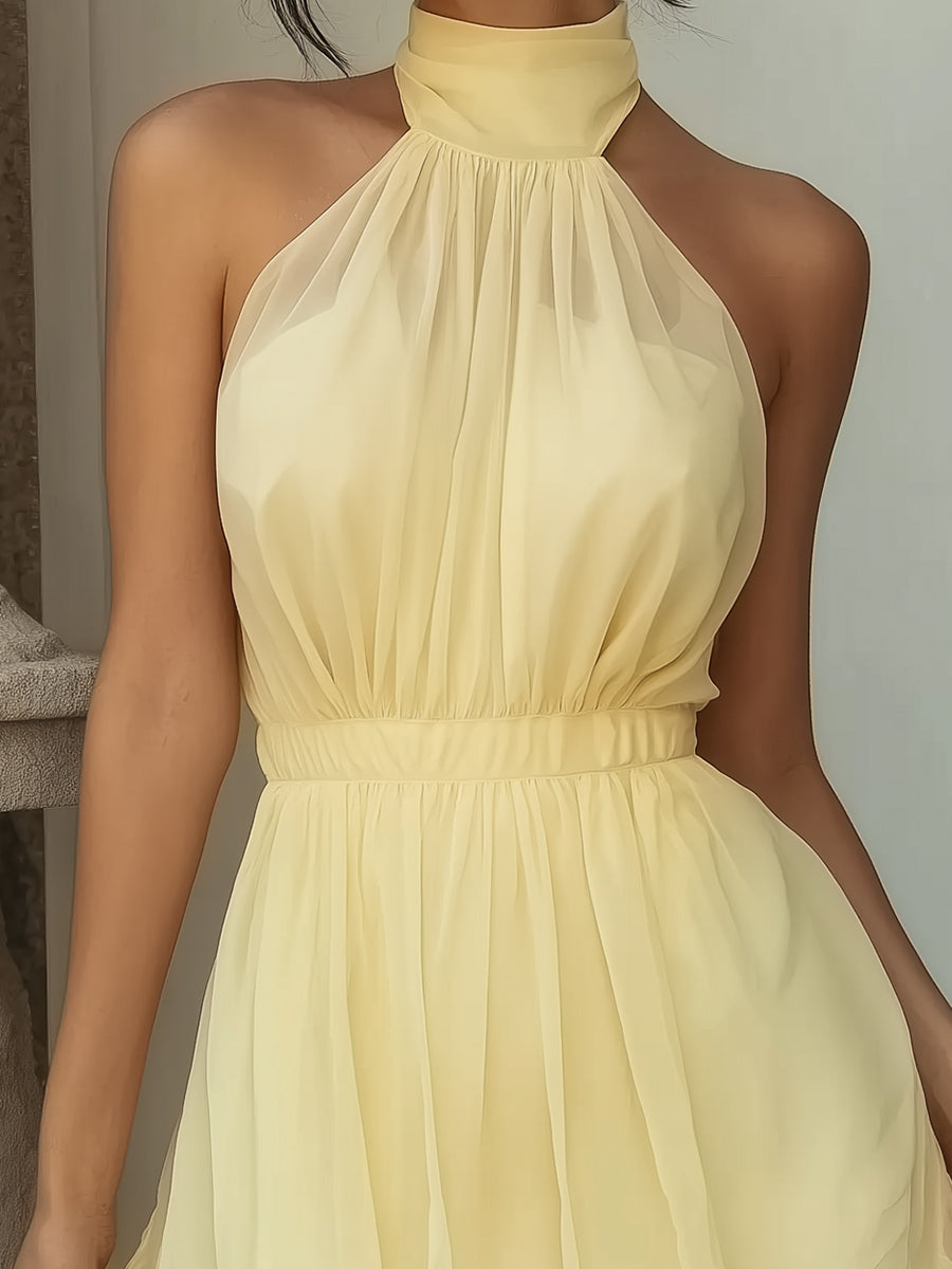 Soft Yellow Halter Neck Chiffon Mini Dress With Layered Skirt | Elegant Women's Dress
