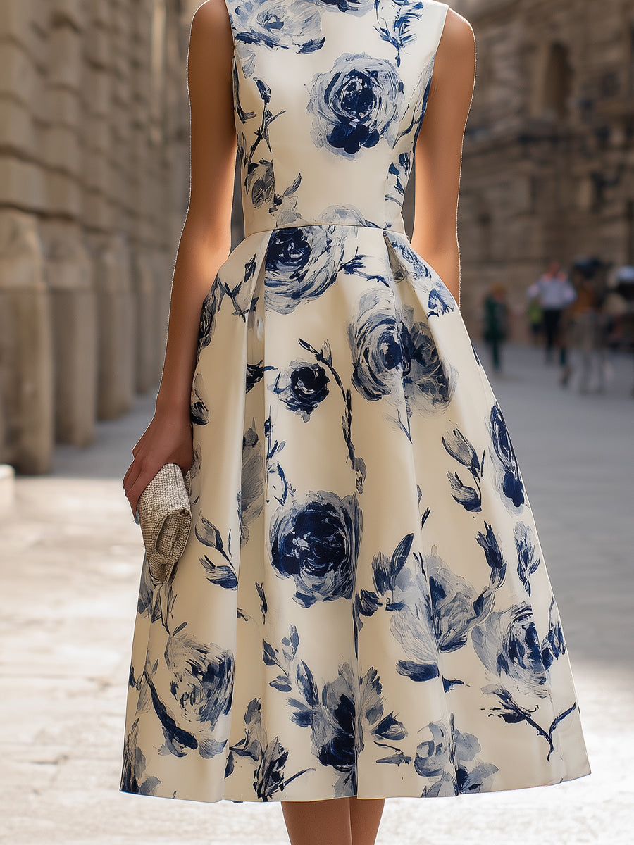 Sleeveless Floral A-Line Midi Dress | Elegant Women's Dress