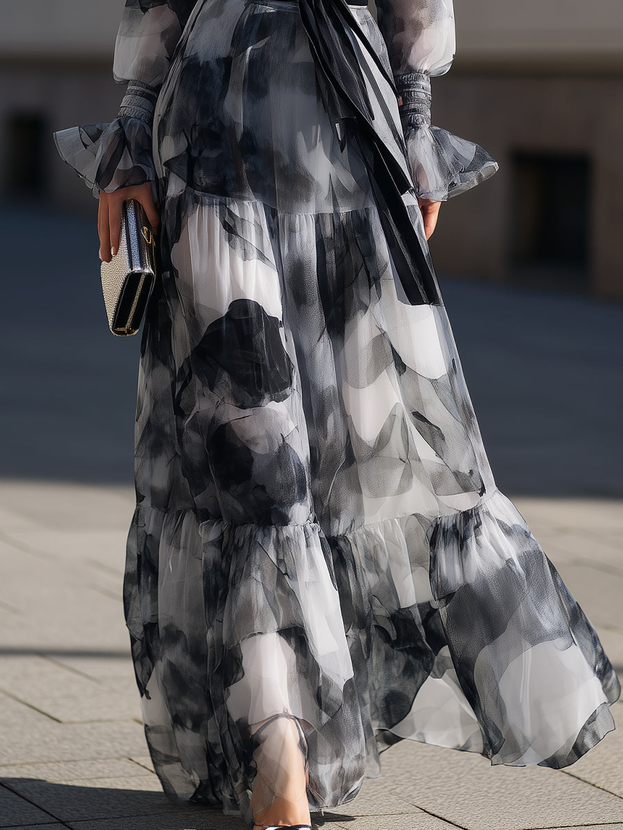 Abstract Print Tie Waist Maxi Dress | Elegant Women's Dress