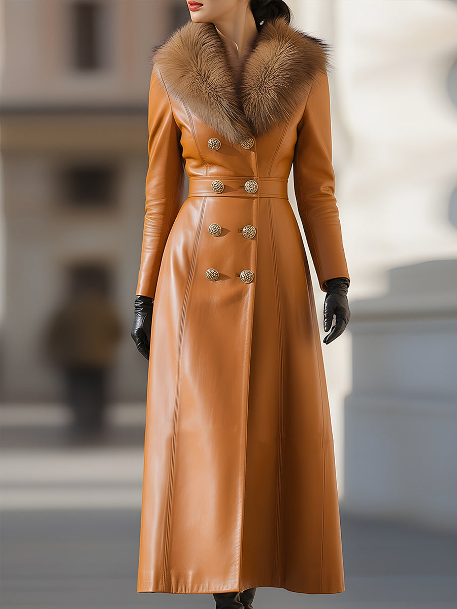 Caramel Leather Double-Breasted Coat With Fur Collar | Elegant Women's Dress