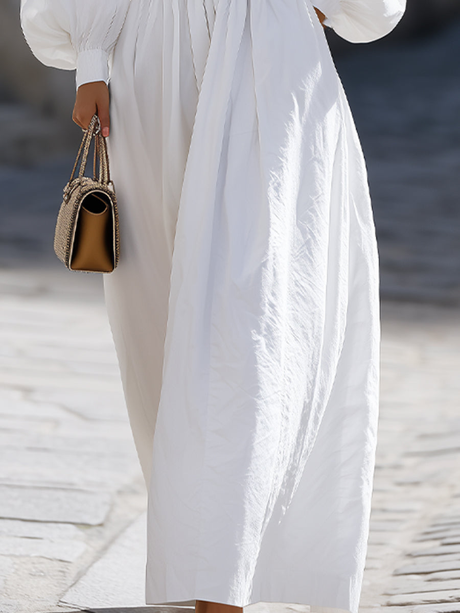 White Smocked Waist Hooded Maxi Dress | Elegant Women's Dress