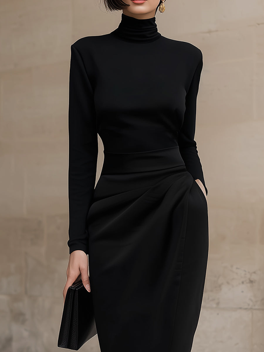 Sleek Black Turtleneck Draped Midi Dress | Elegant Women's Dress