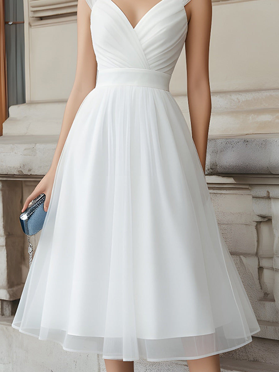 V-Neck Pleated Midi Dress With Cap Sleeves | Elegant Women's Dress