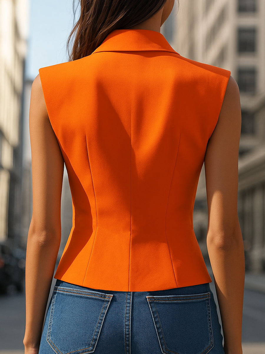 Vibrant Orange Sleeveless Blazer Top | Elegant Women's Dress