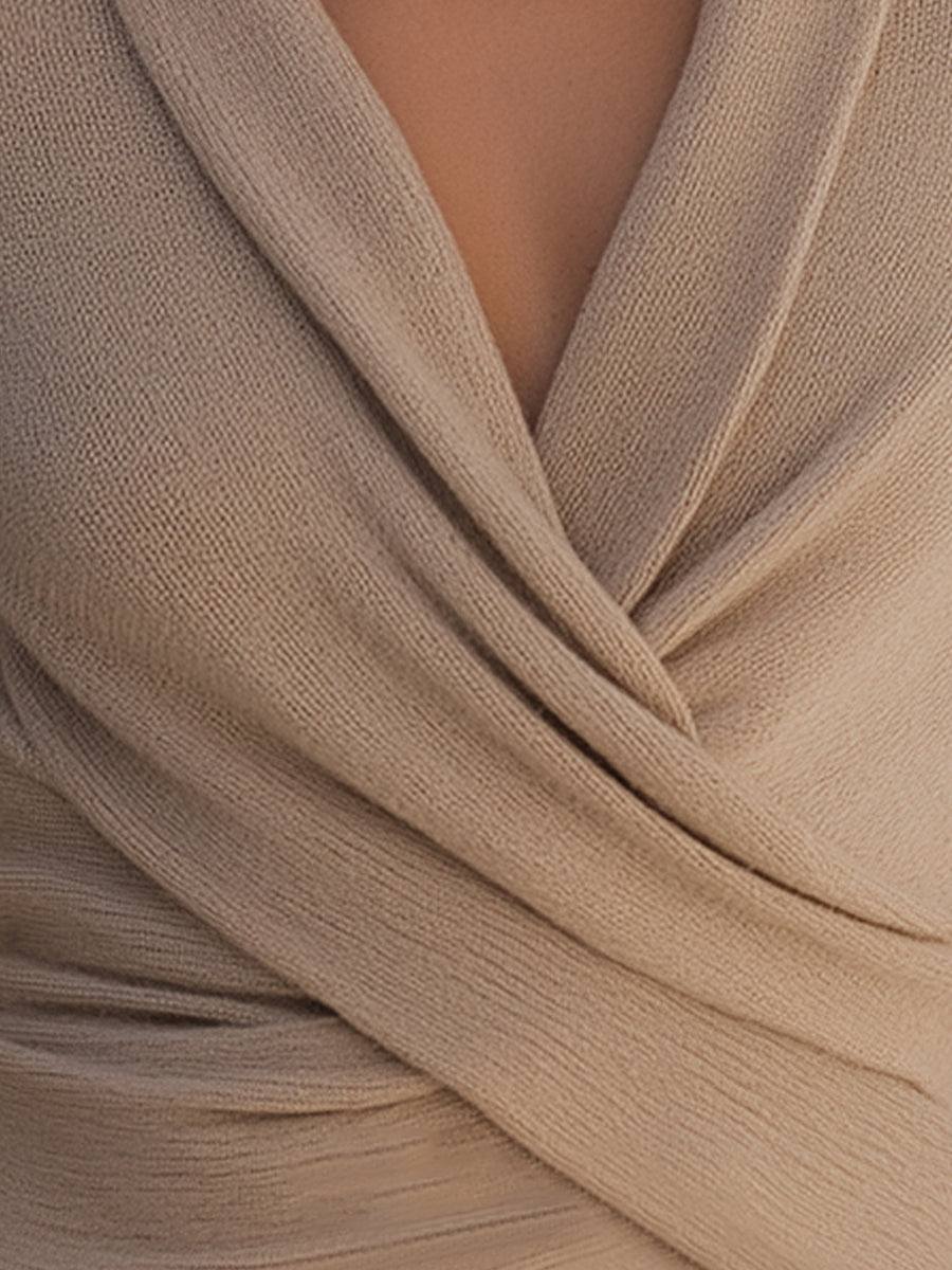 Taupe Draped Knit Wrap Top | Elegant Women's Dress