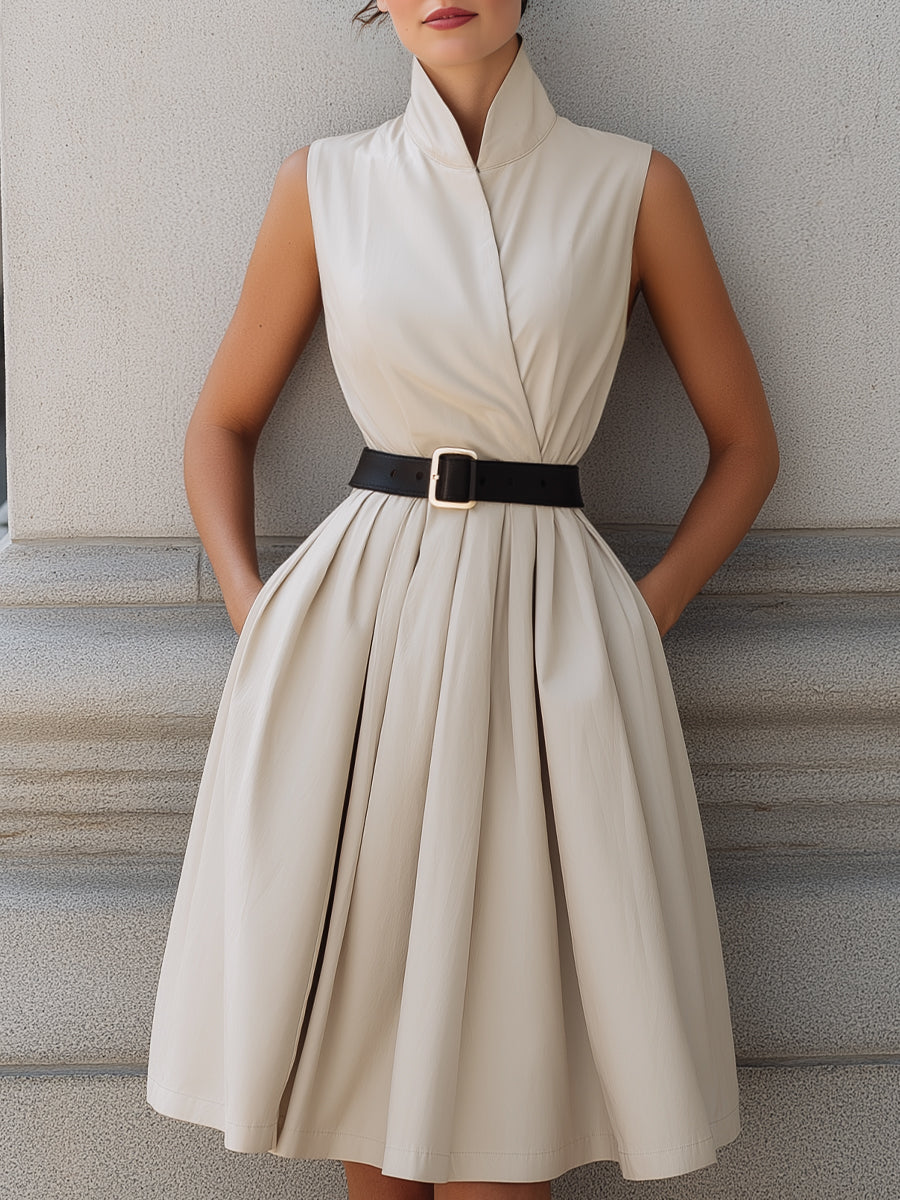 Sleeveless High-Neck Belted A-Line Midi Dress | Elegant Women's Dress