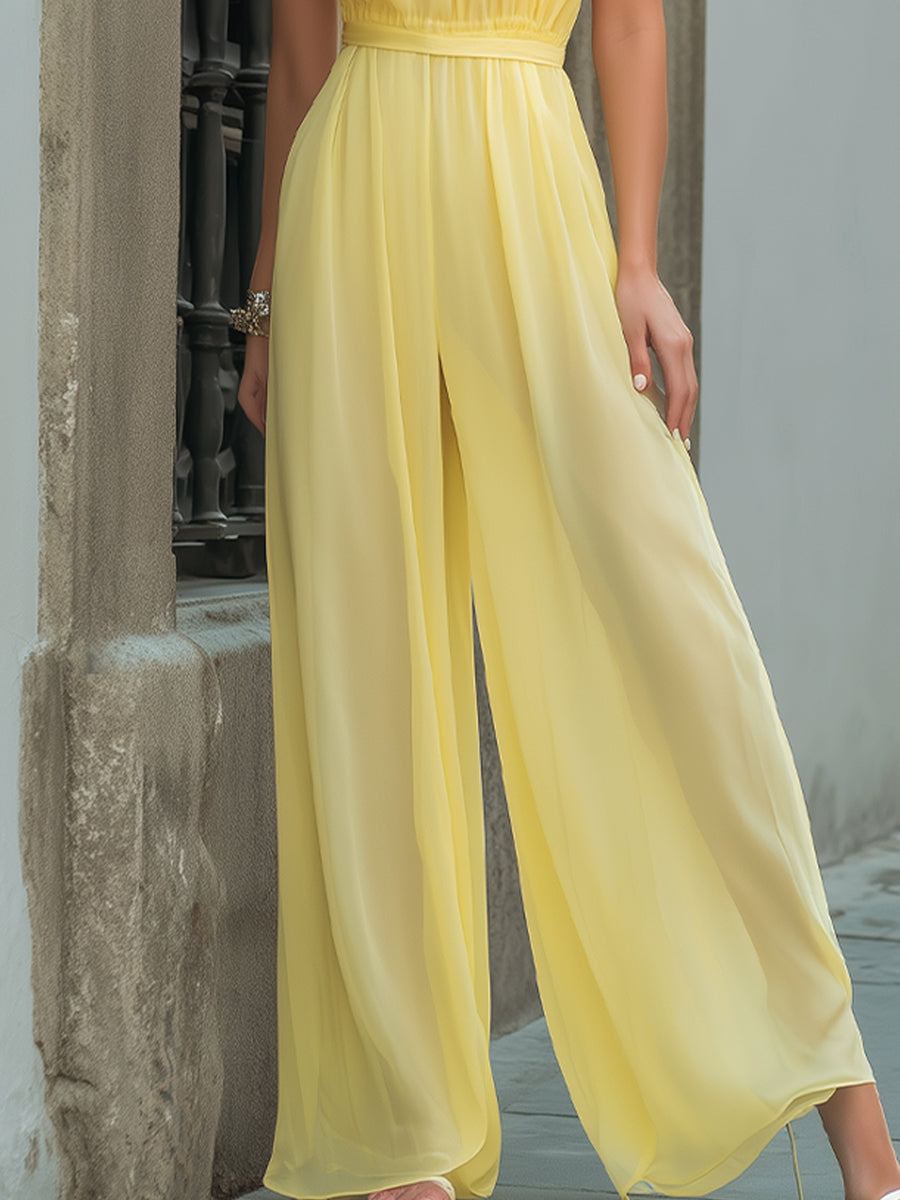 Soft Yellow Off-Shoulder Chiffon Wide-Leg Jumpsuit | Elegant Women's Dress
