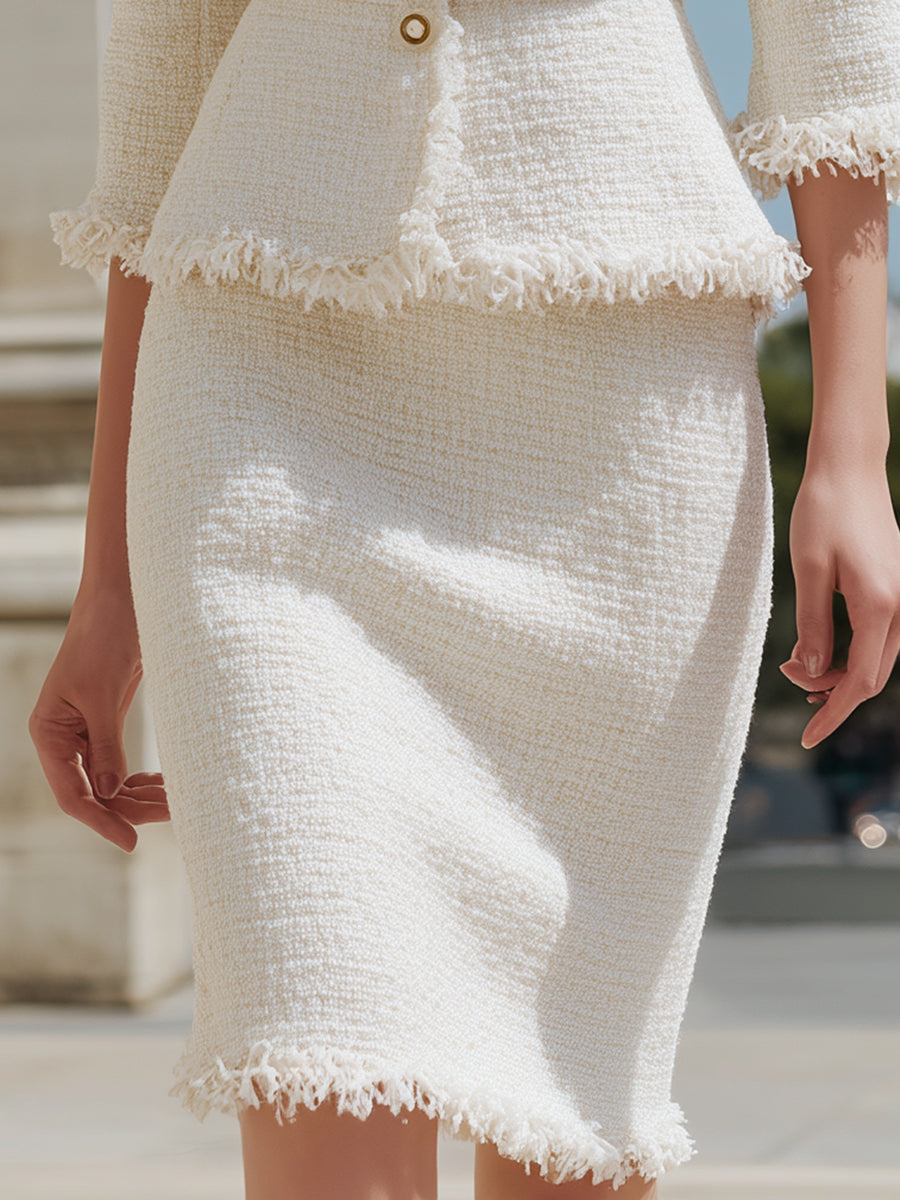 Ivory Fringed Tweed Jacket & Pencil Skirt Two-Piece Set | Elegant Women's Dress