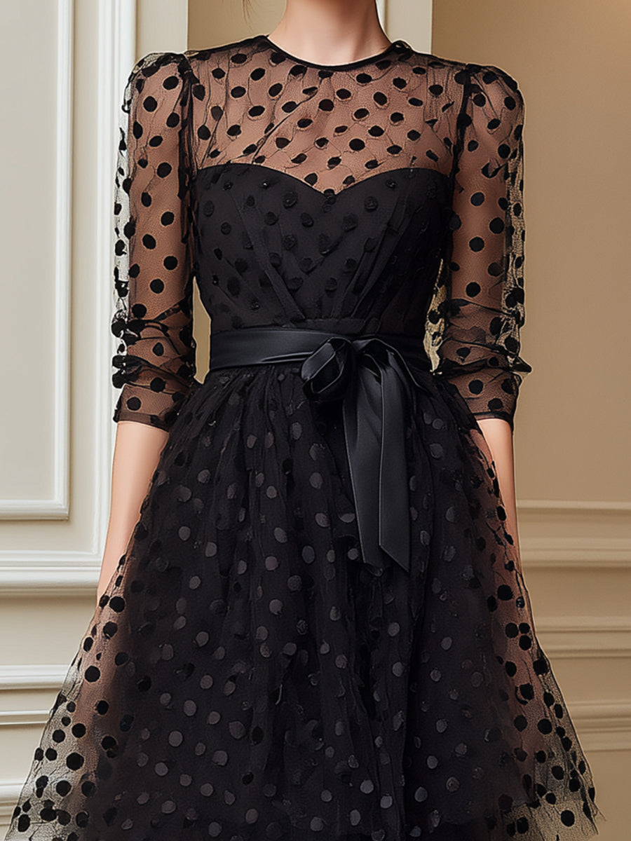 Sheer Polka Dot Tulle Belted Midi Dress | Elegant Women's Dress