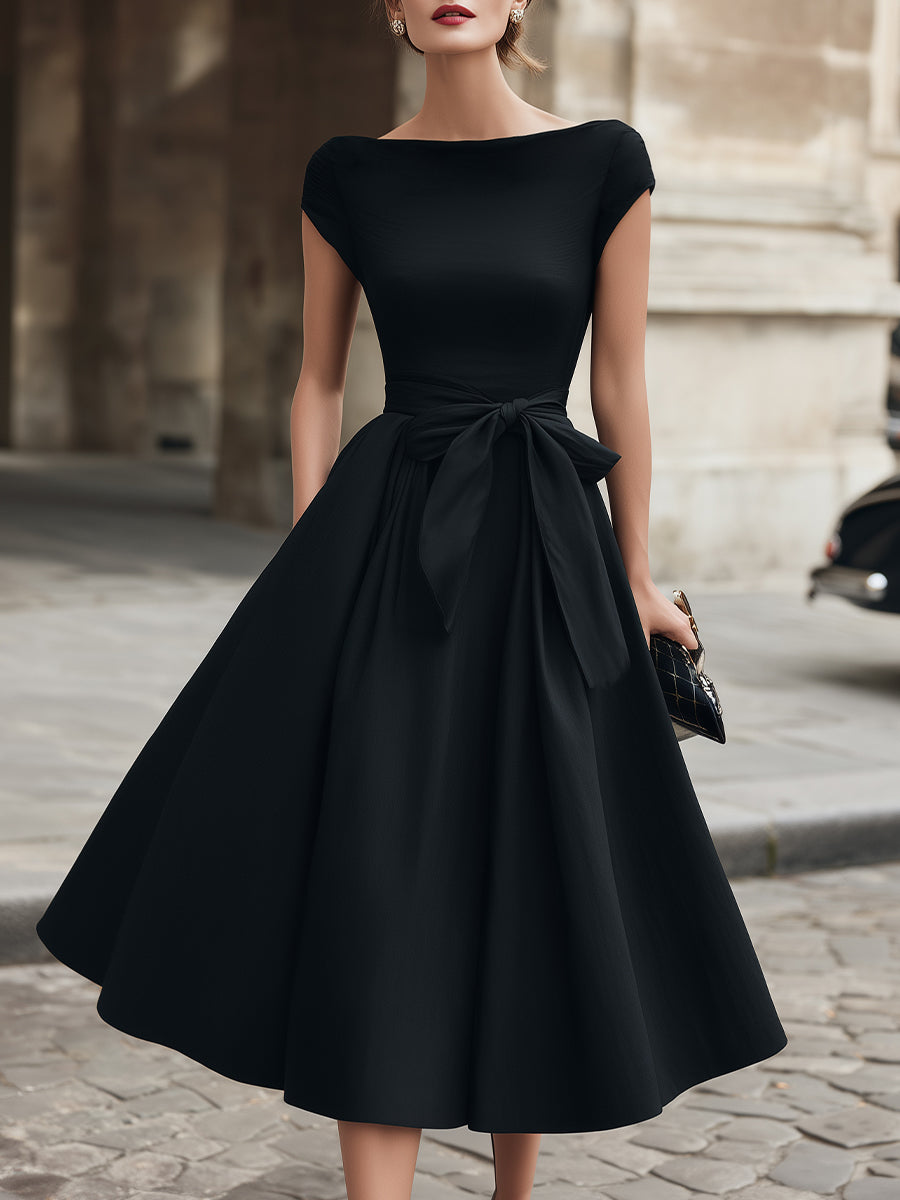 Cap-Sleeve Bow-Waist Midi Dress | Elegant Women's Dress