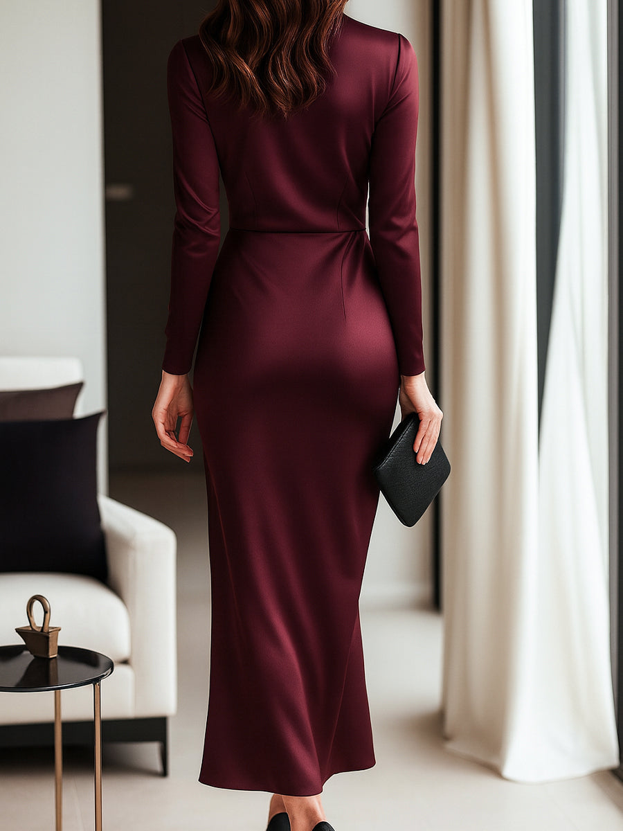 Timeless Burgundy Satin Wrap Dress with Waist Tie Detail | Elegant Women's Dress