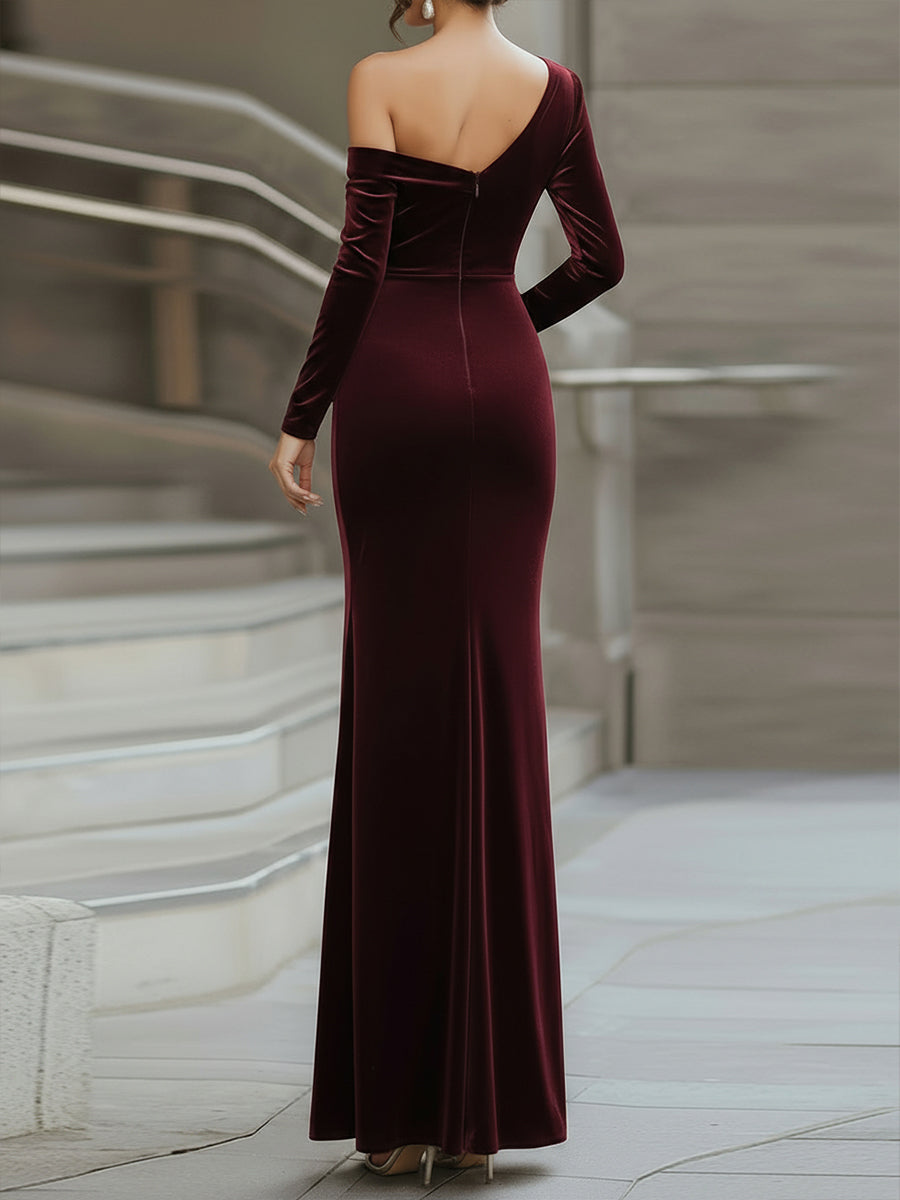 Burgundy Velvet One-Shoulder Evening Gown | Elegant Women's Dress
