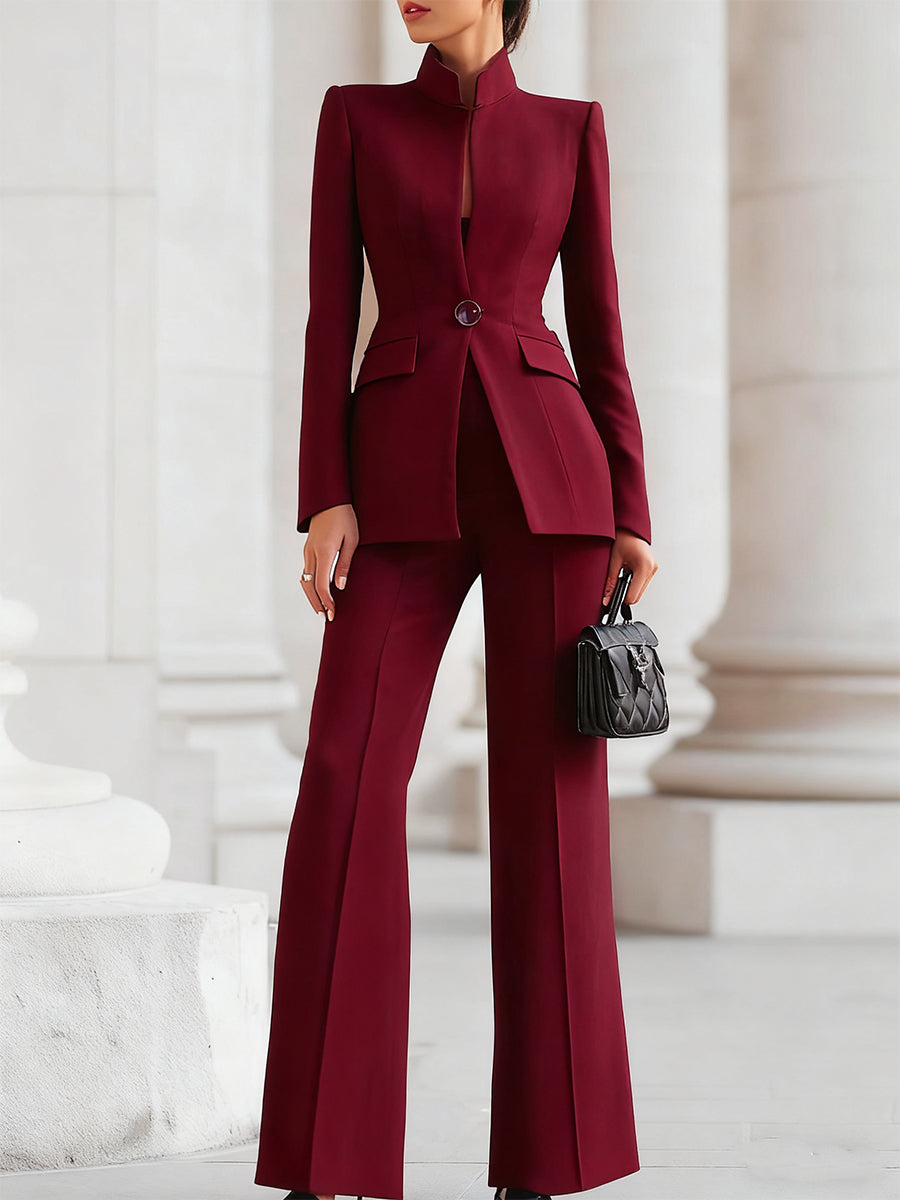 Sophisticated  High-Collar Blazer & Wide-Leg Trousers Set | Elegant Women's Dress