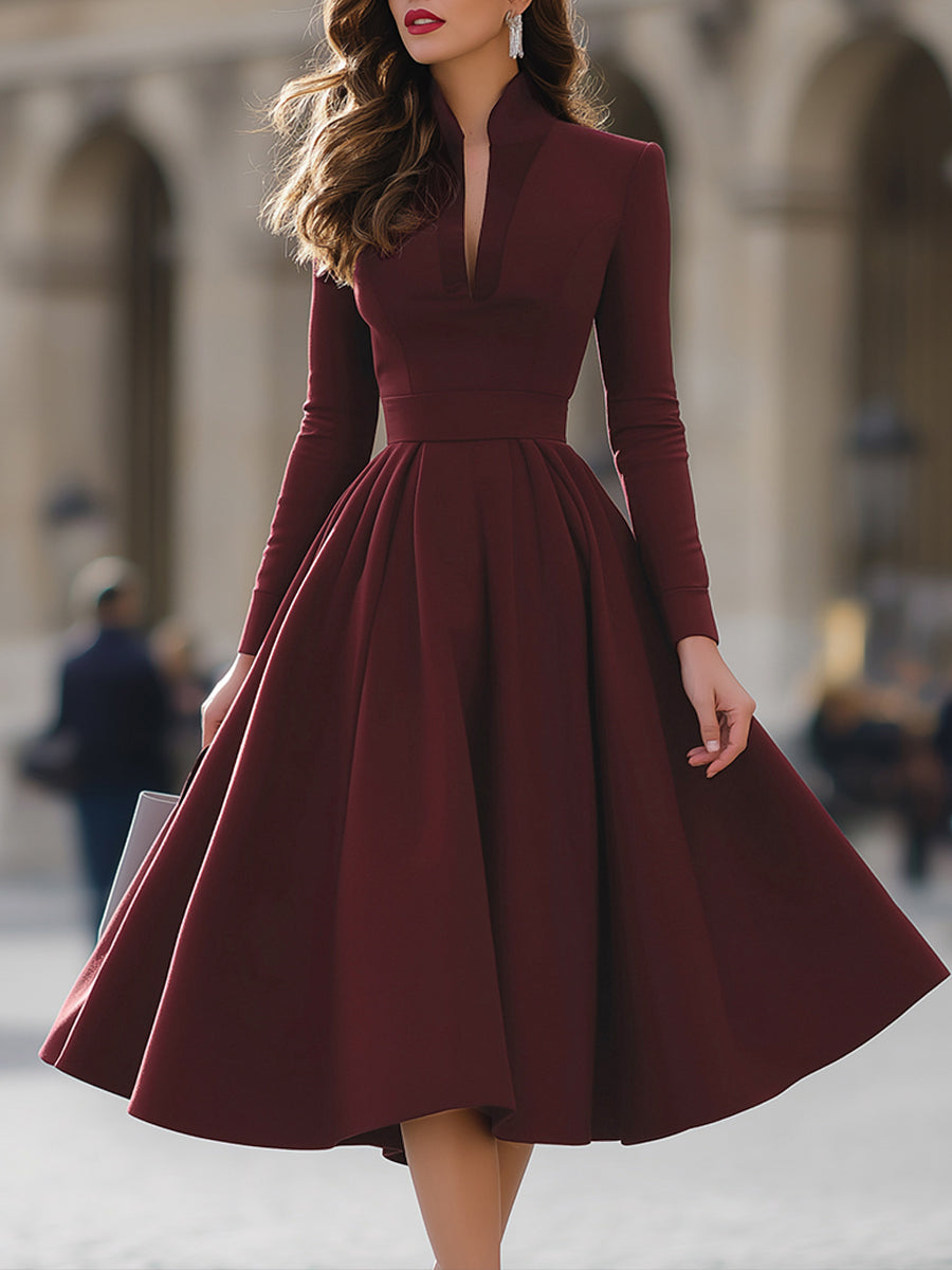 Burgundy V-Neck Full-Skirt Midi Dress | Elegant Women's Dress