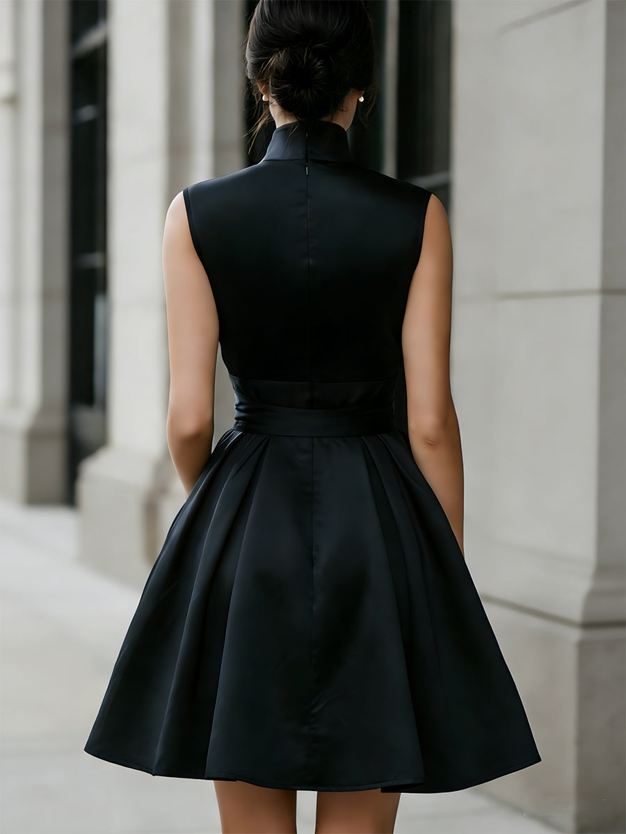 Black Satin Mandarin Collar Mini Dress With Bow Waist Detail | Elegant Women's Dress
