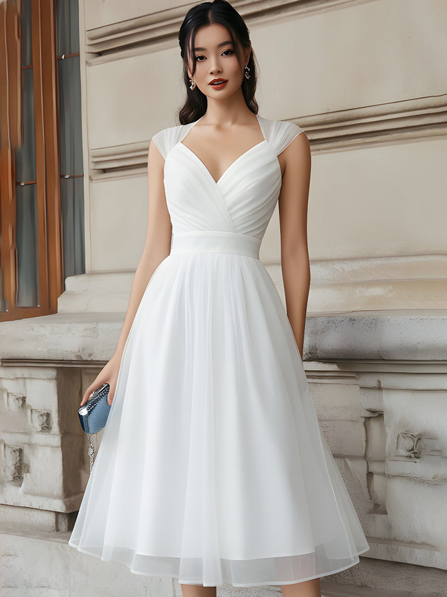 V-Neck Pleated Midi Dress With Cap Sleeves | Elegant Women's Dress