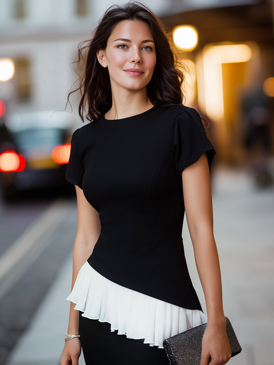 Asymmetric Peplum Hem Short Sleeve Sculpted Top | Elegant Women's Dress