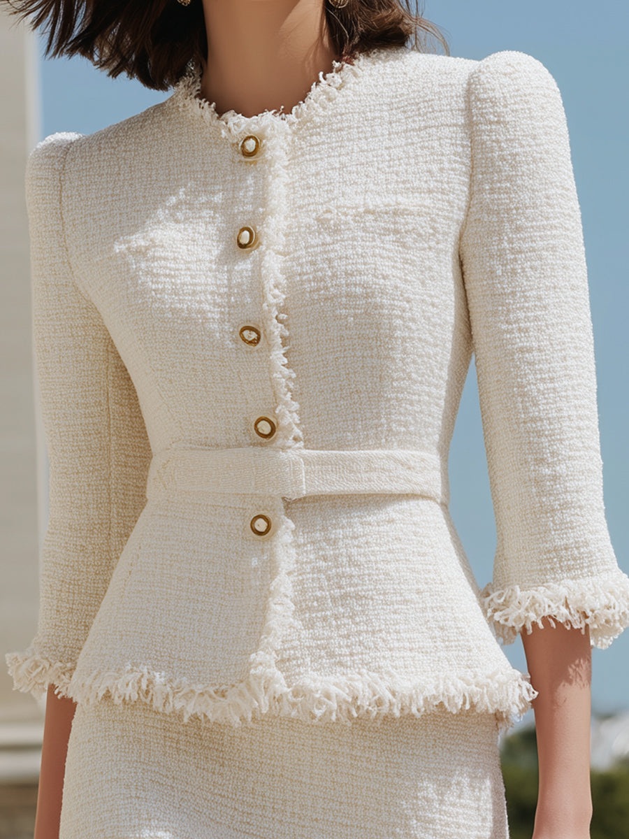 Ivory Fringed Tweed Jacket & Pencil Skirt Two-Piece Set | Elegant Women's Dress
