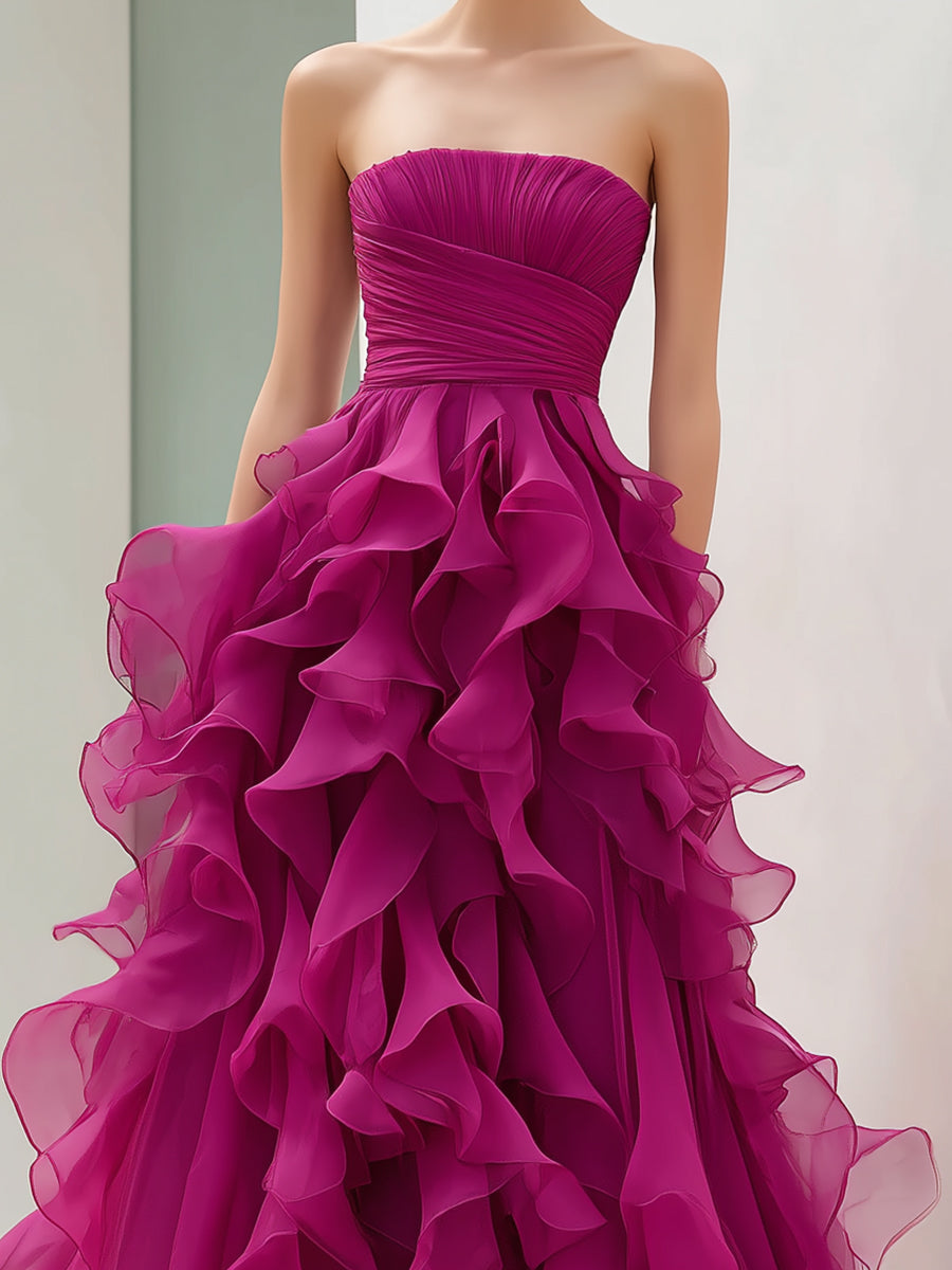 Strapless Magenta Ruffled Ball Gown | Elegant Women's Dress
