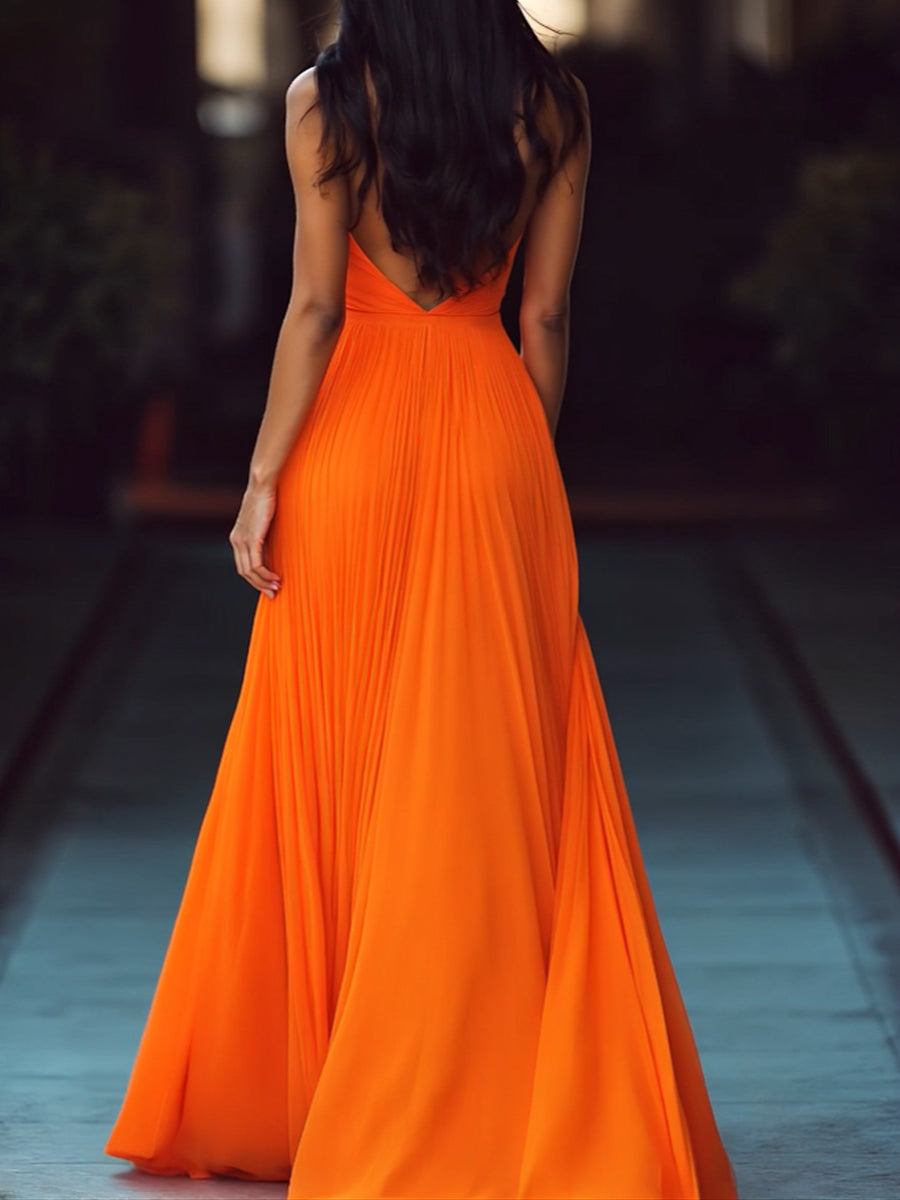 V-neck Halter Pleat Maxi Dress | Elegant Women's Dress