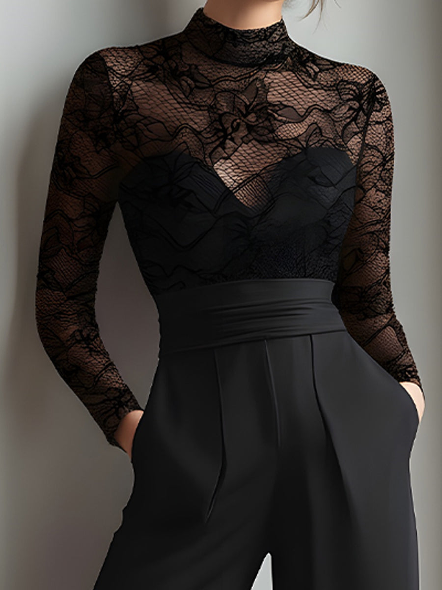 Black Lace Illusion Bodice Wide-Leg Evening Jumpsuit | Elegant Women's Dress