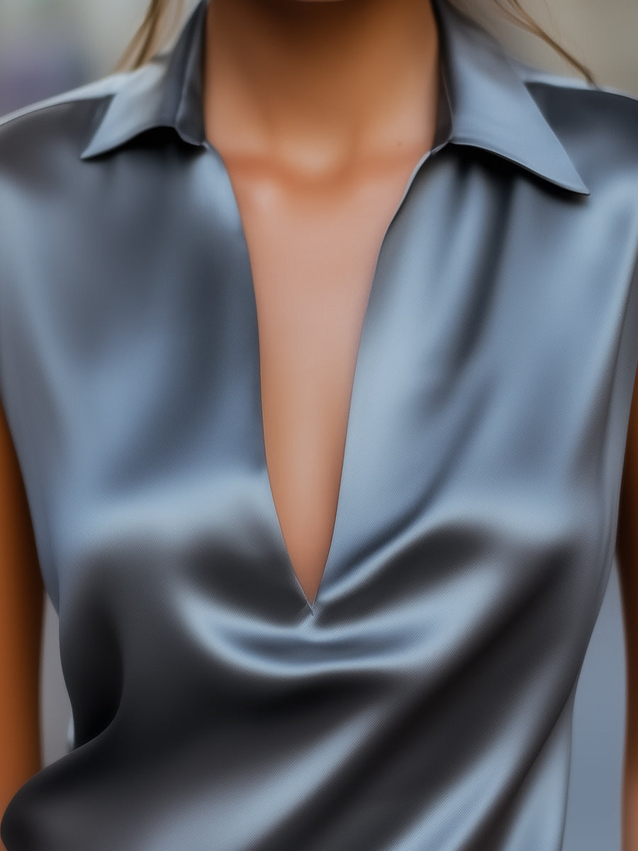 Sleek Gray Satin Plunge Neck Top | Elegant Women's Dress