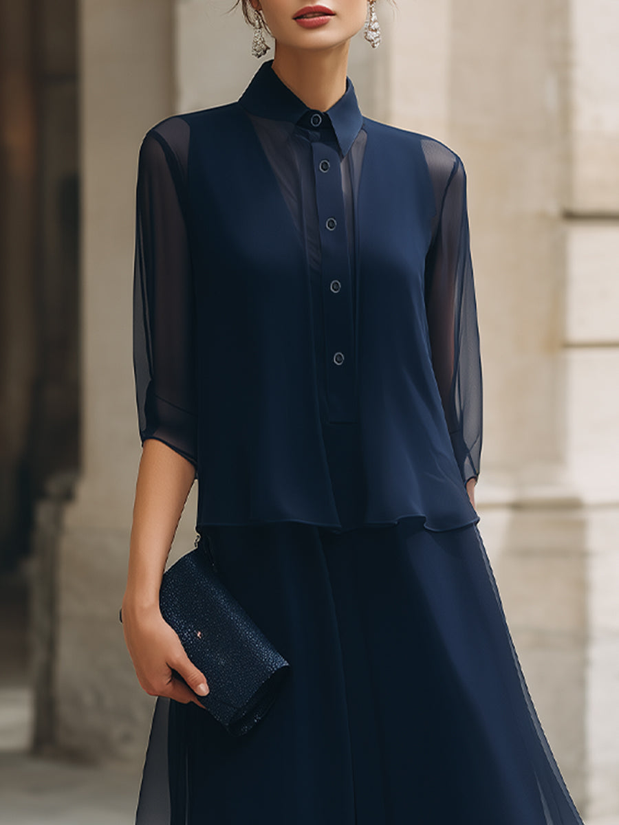 Button-Front Sheer Overlay Midi Dress | Elegant Women's Dress