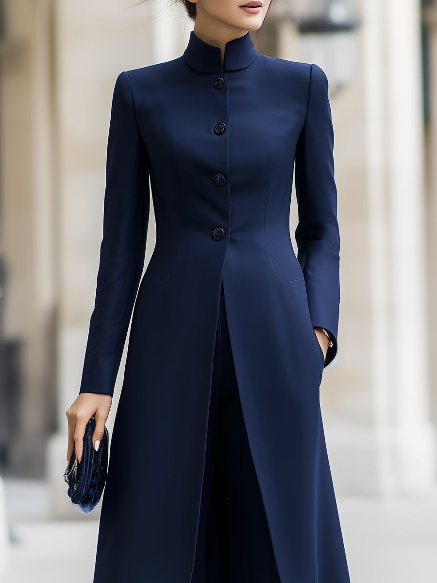 Navy Mandarin Collar Longline Blazer & Wide-Leg Pants Co-Ord Set | Elegant Women's Dress