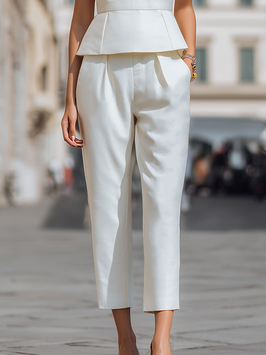 Chic Square Neck Peplum Top And Cropped Trousers Two-Piece Set | Elegant Women's Dress