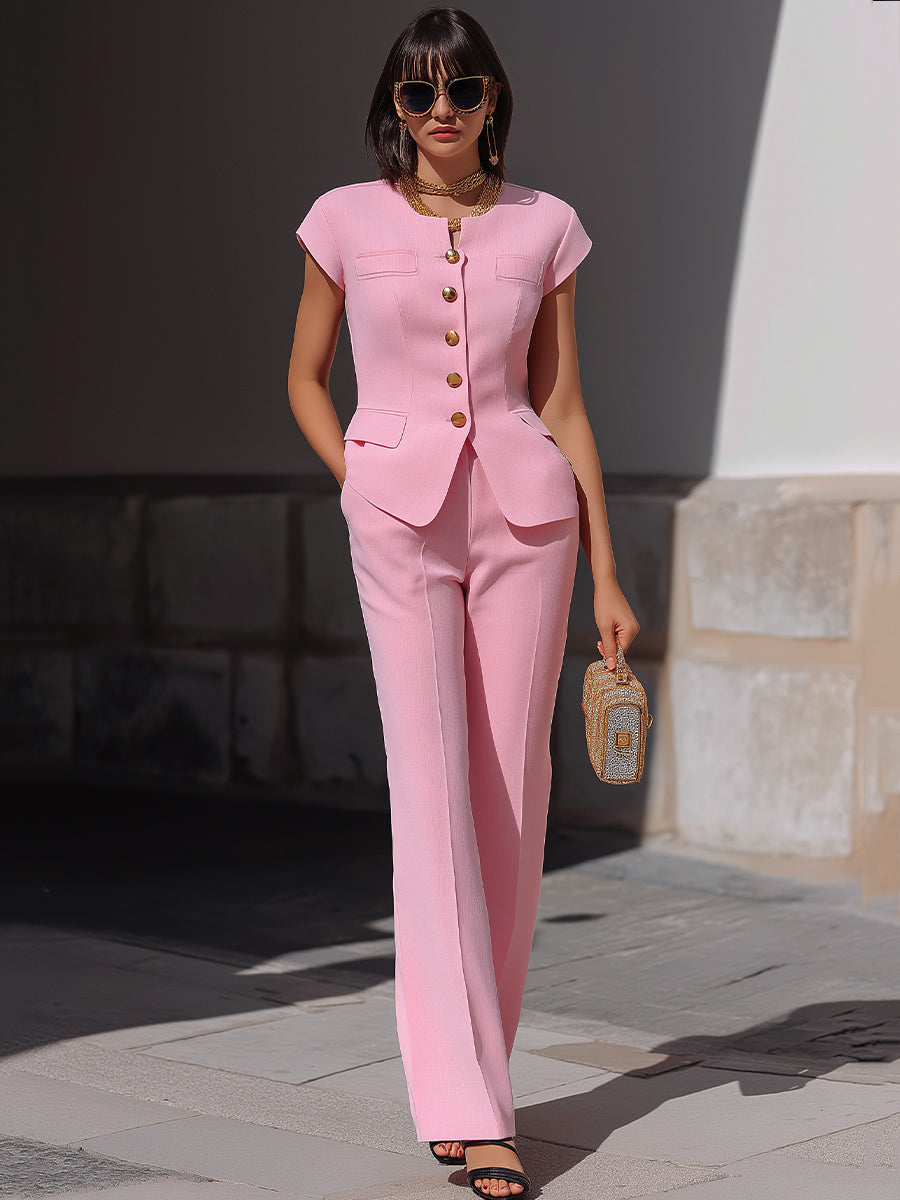 Chic Peplum Waist Short-Sleeve Trouser Set | Elegant Women's Dress
