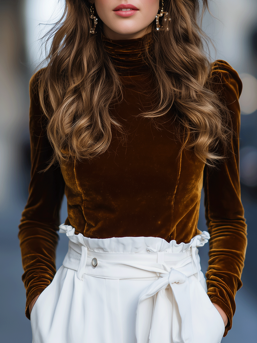 Burnt Caramel Velvet Turtleneck Top | Elegant Women's Dress