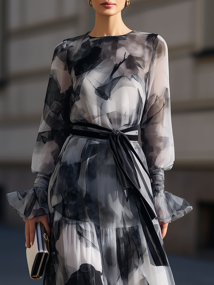 Abstract Print Tie Waist Maxi Dress | Elegant Women's Dress