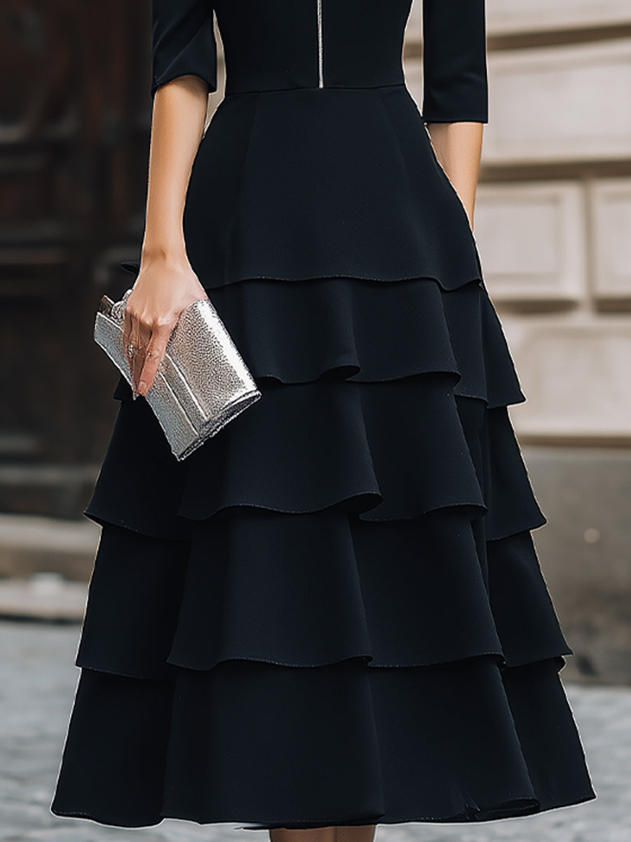 Zip-Front Tiered Midi Dress With Structured Waist | Elegant Women's Dress