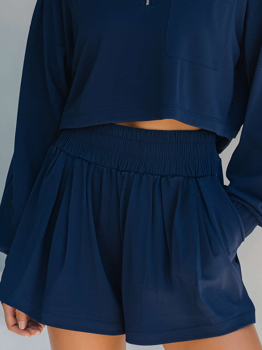 Navy Cropped Half-Zip Loungewear Set | Elegant Women's Dress