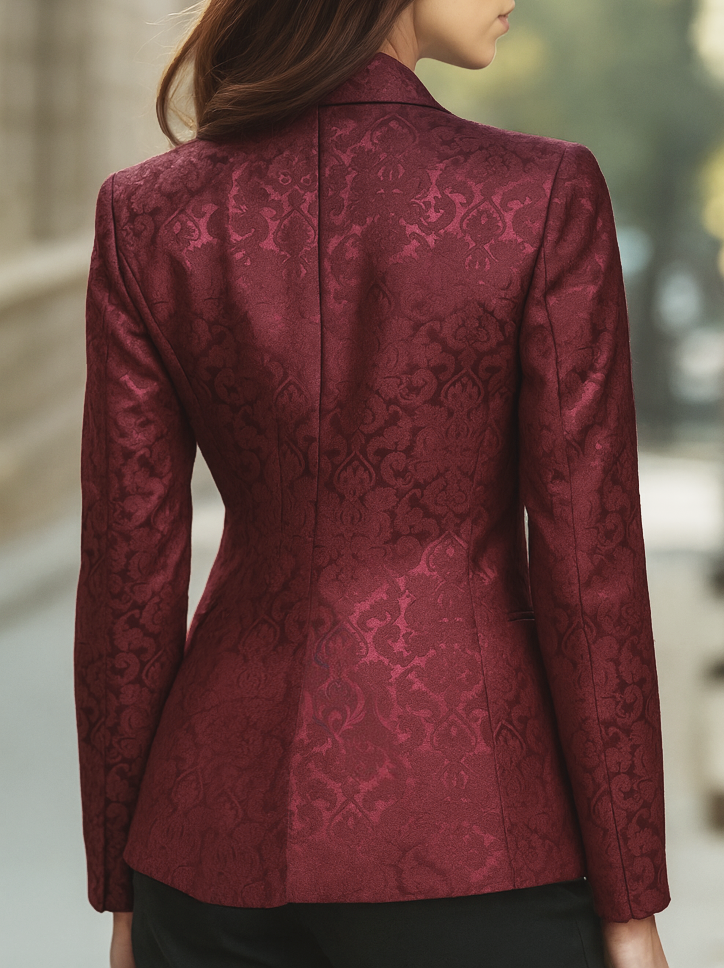 Noble Burgundy Jacquard Satin Blazer | Elegant Women's Dress