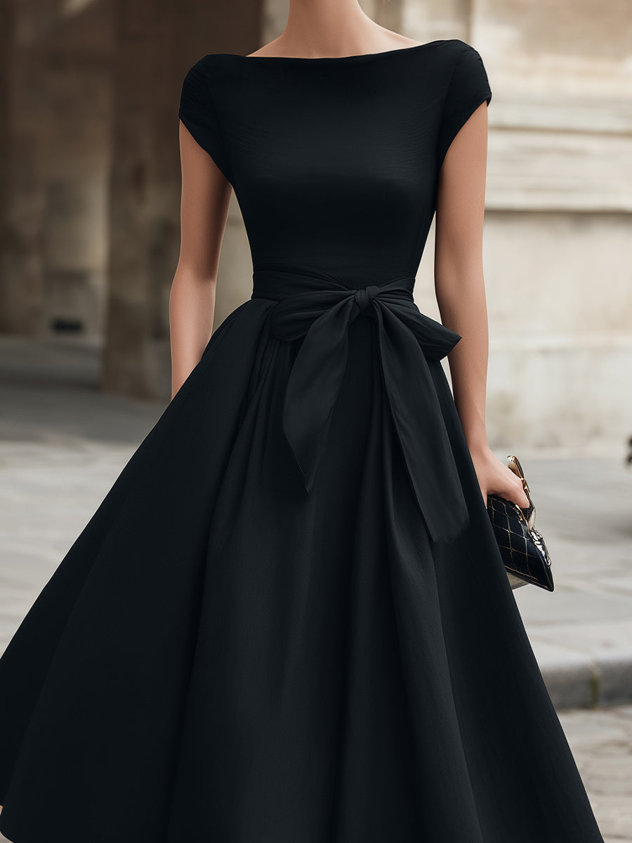 Cap-Sleeve Bow-Waist Midi Dress | Elegant Women's Dress