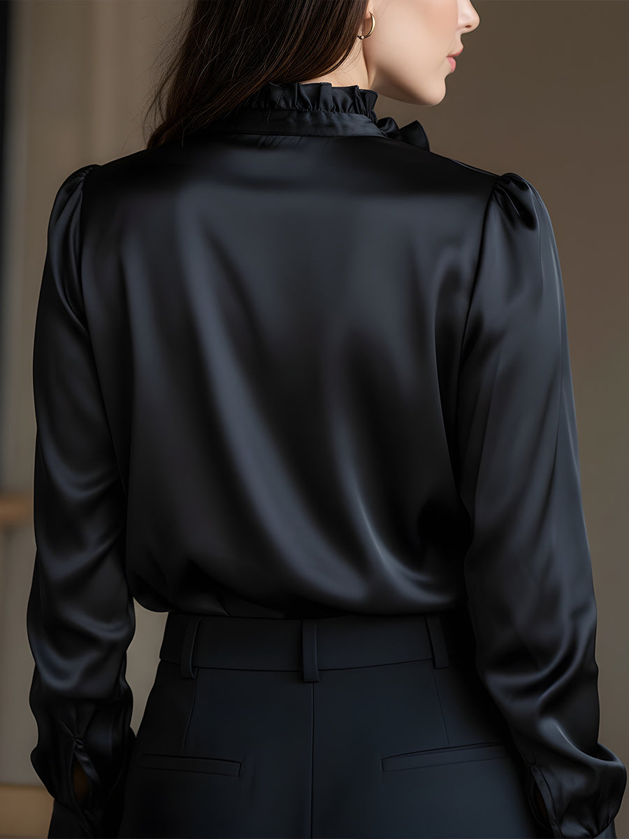 Black Satin Ruffled V-Neck Long Sleeve Blouse | Elegant Women's Dress
