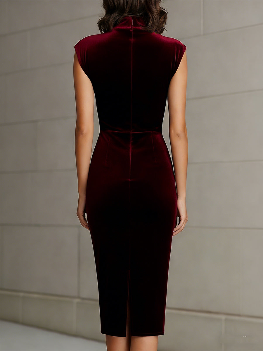 Burgundy Velvet Turtleneck Sheath Dress | Elegant Women's Dress