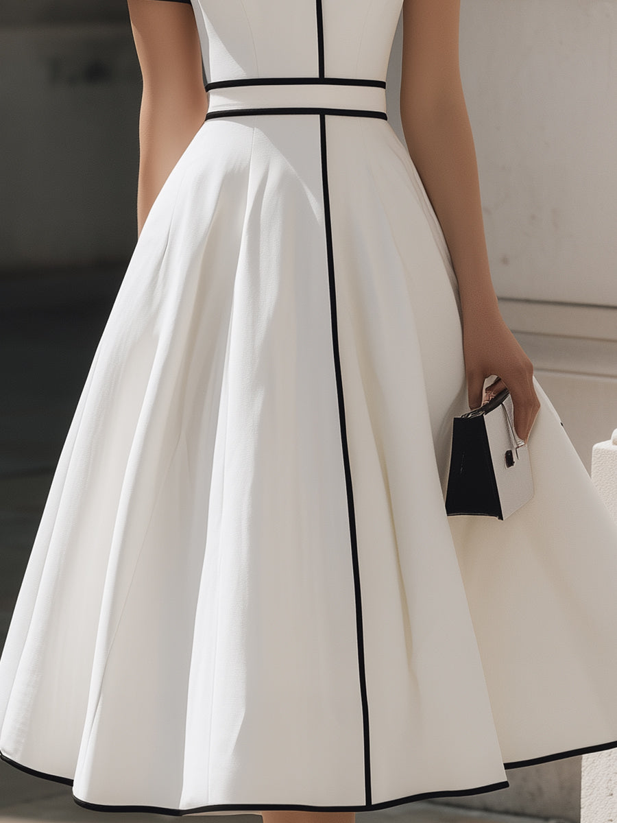 Timeless Contrast-Piped Mandarin Collar Midi Dress | Elegant Women's Dress