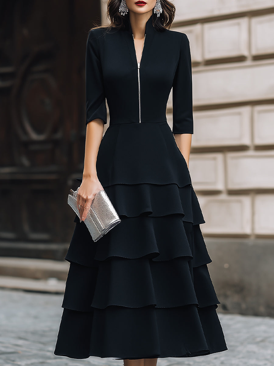 Zip-Front Tiered Midi Dress With Structured Waist | Elegant Women's Dress