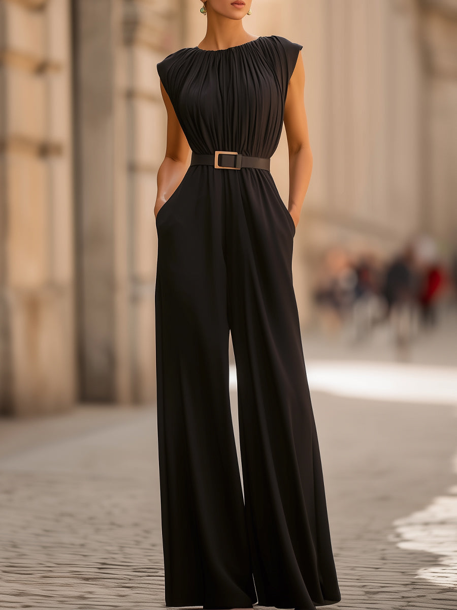 Sleeveless Draped Wide-Leg Jumpsuit With Belt | Elegant Women's Dress