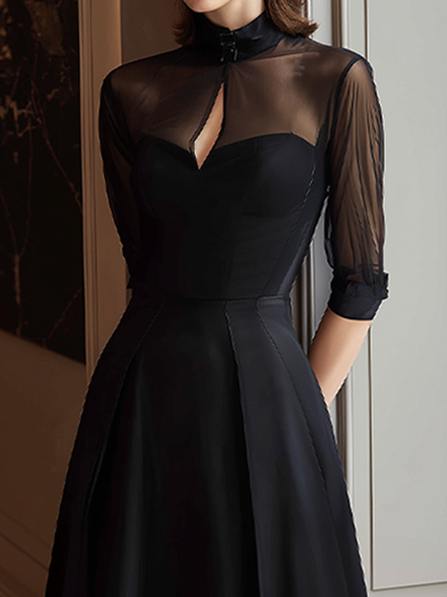 Black High-Neck Mesh Panel Maxi Dress With Keyhole Detail | Elegant Women's Dress