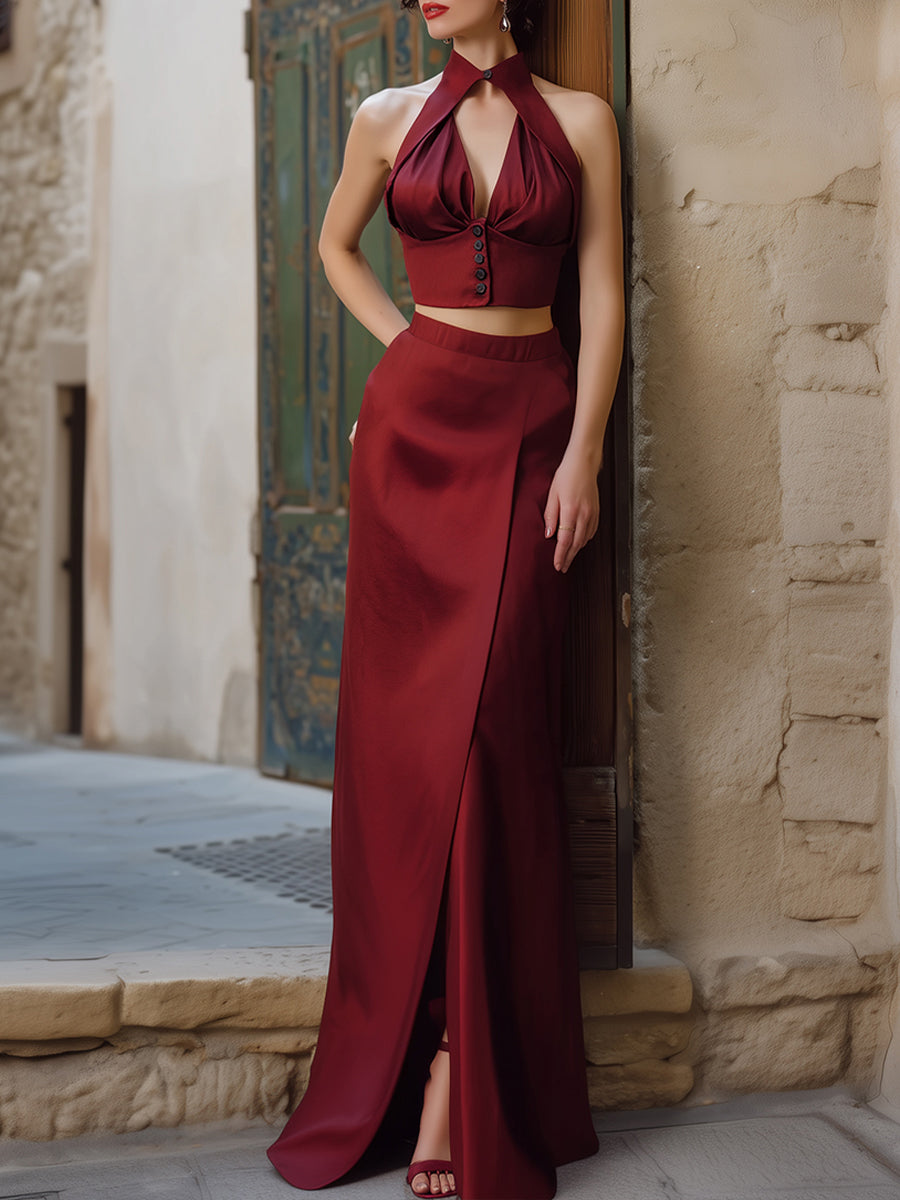 Sophisticated Satin Two-Piece Halter Set - Cropped Vest And Maxi Skirt | Elegant Women's Dress