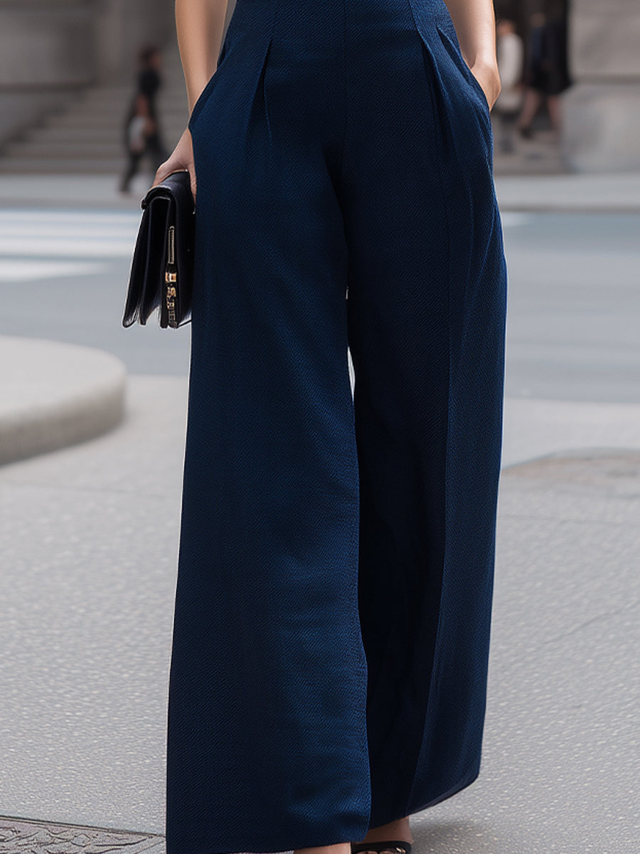 Sophisticated Navy Halter Neck Wide-Leg Jumpsuit | Elegant Women's Dress